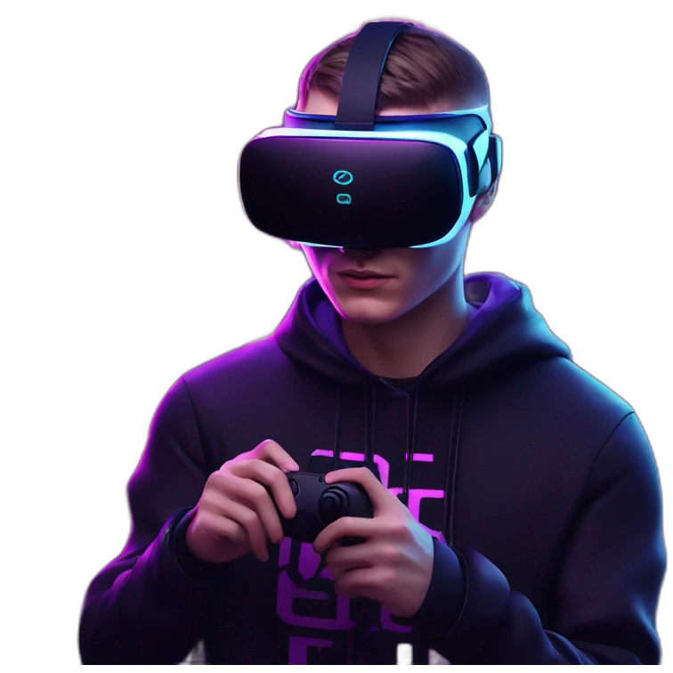 Russian young man wearing a black hoodie with "OMG" letters on it and VR headset in a cyberpunk VR environment with violet neon lighting. emoji