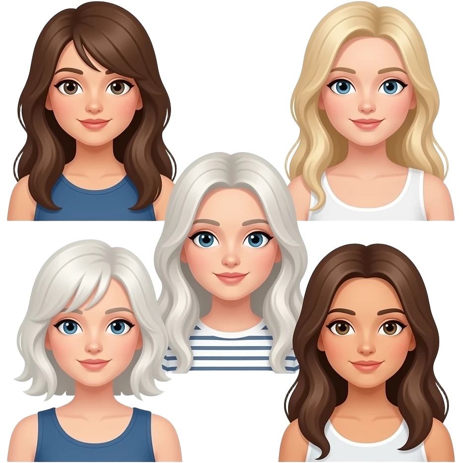 5 white girls with long hair : 1 brunette who is pregnant, 1 dirty blonde tall thin, 1 blonde thin, 1 dirty blonde thin, 1 brunette Italian emoji