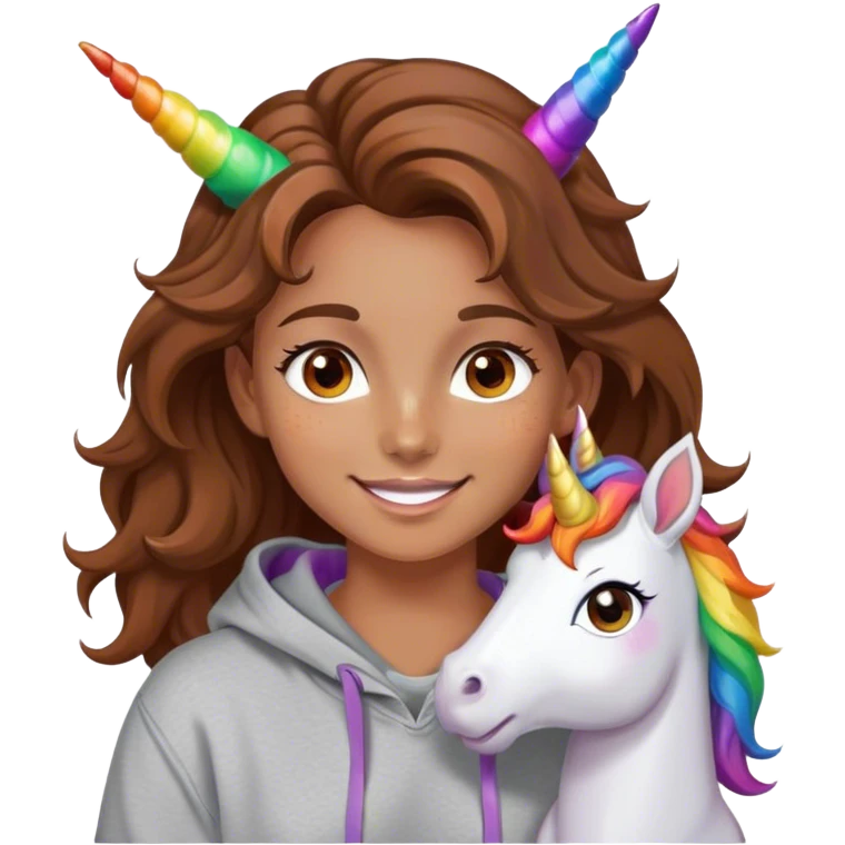 pretty girl brown wavy hair tanned amber eyes freckles wearing a grey hoodie on a unicorn smiling over the rainbow emoji