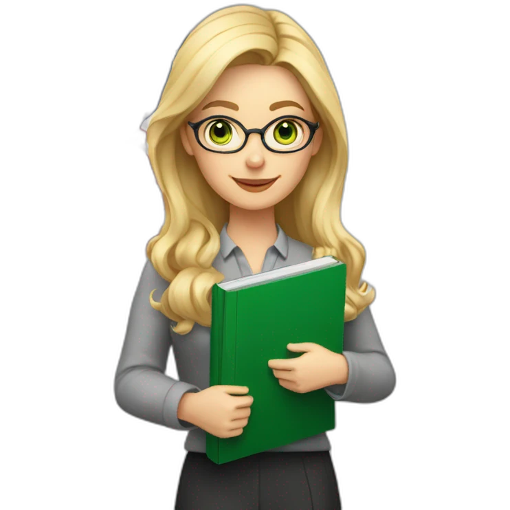 English teacher female with blonde hair and green eyes. with English book with usa flags emoji