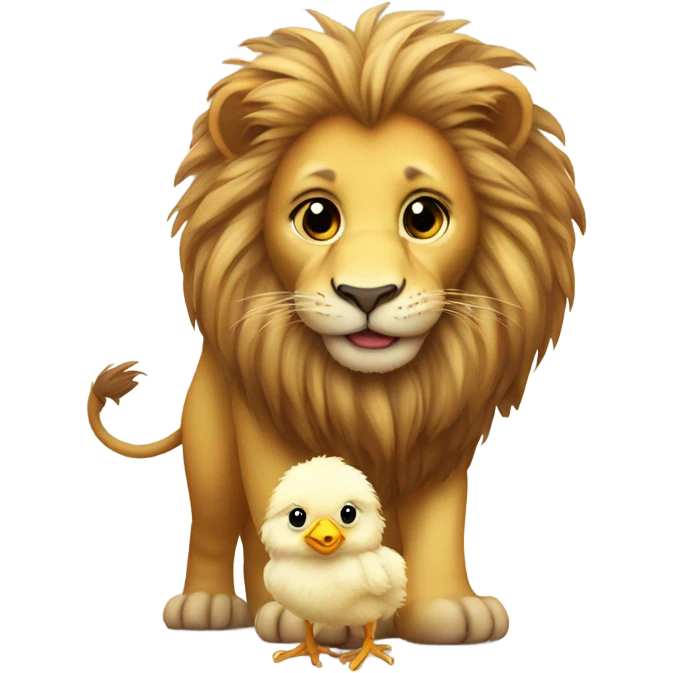 Realistic lion and cute little baby chick emoji