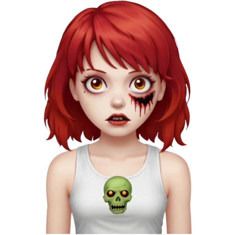 Uma menina de cabelo vermelho com franja, que seja uma zombie, e que esteja vestindo uma regata branca, cabelo médio e liso mais enrolado nas pontas  emoji