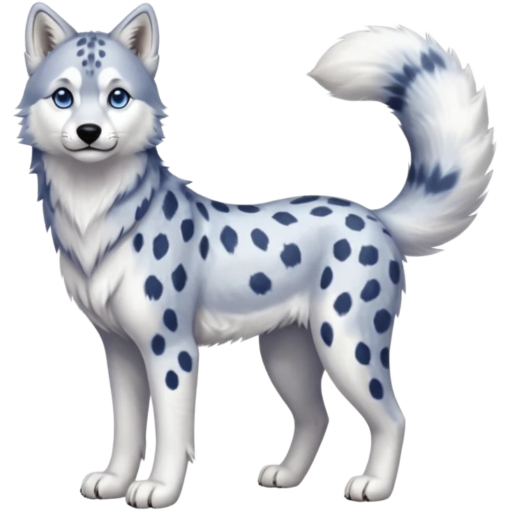 Realistic lanky natural feral beautiful pretty "Schnolf"-"TaniDaReal"-Husky-Snow-leopard-wolf-hybrid-fusion-animal-creature, full body, with whiskers, thick long fluffy tail emoji