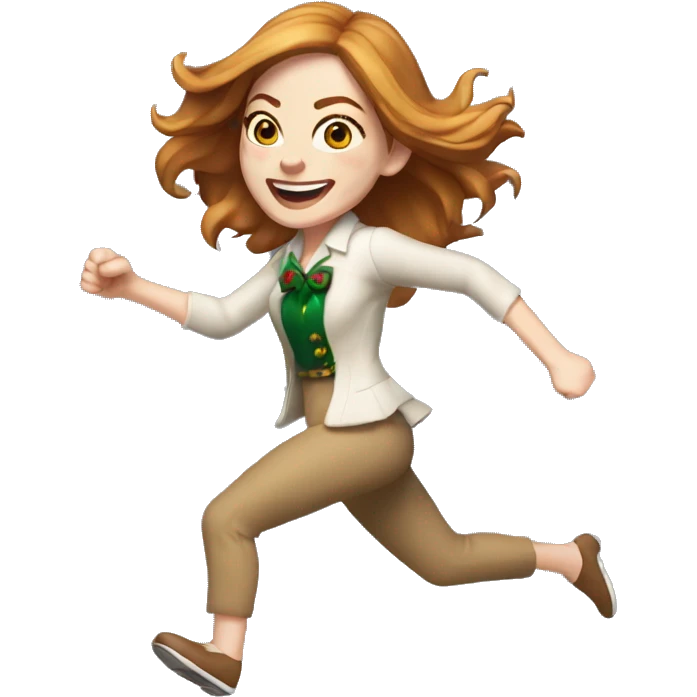 Emma Stone running, with a large stride and arms outstretched, with long golden brown hair, wearing an Christmas outfit emoji