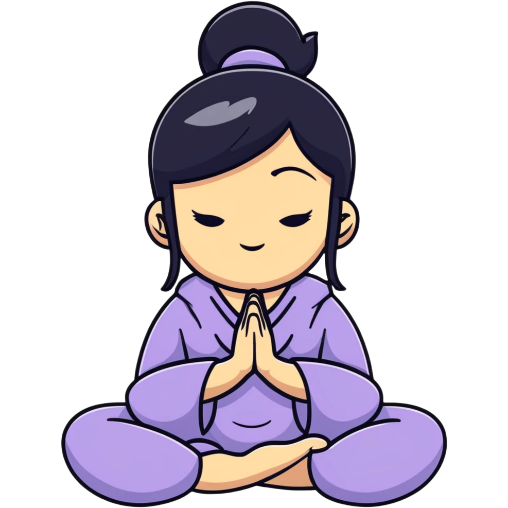 White girl with black hair in meditation pose, peaceful self care wellness moment emoji