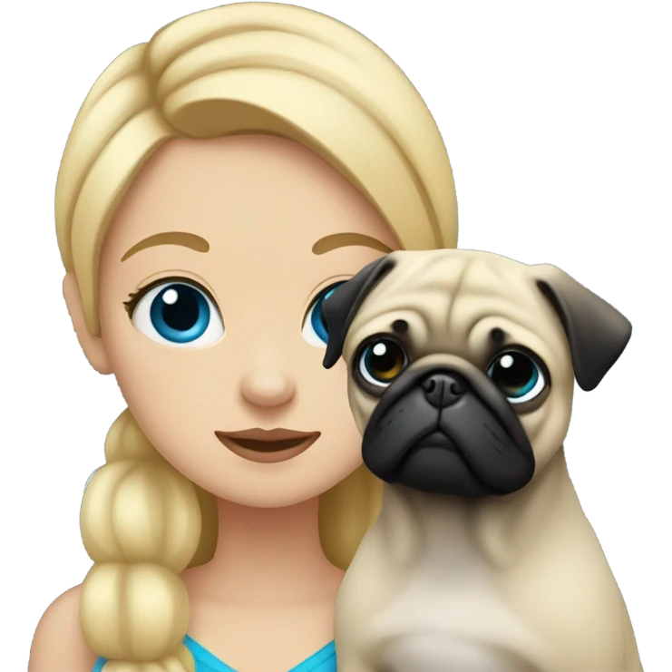 Girl with blonde hair and blue eyes holding a black pug emoji