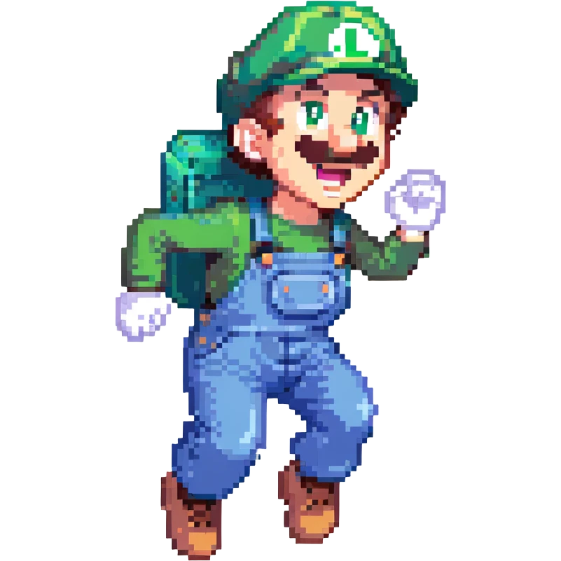 Luigi jumping pixel art style, green hat, blue overalls, energetic pose emoji