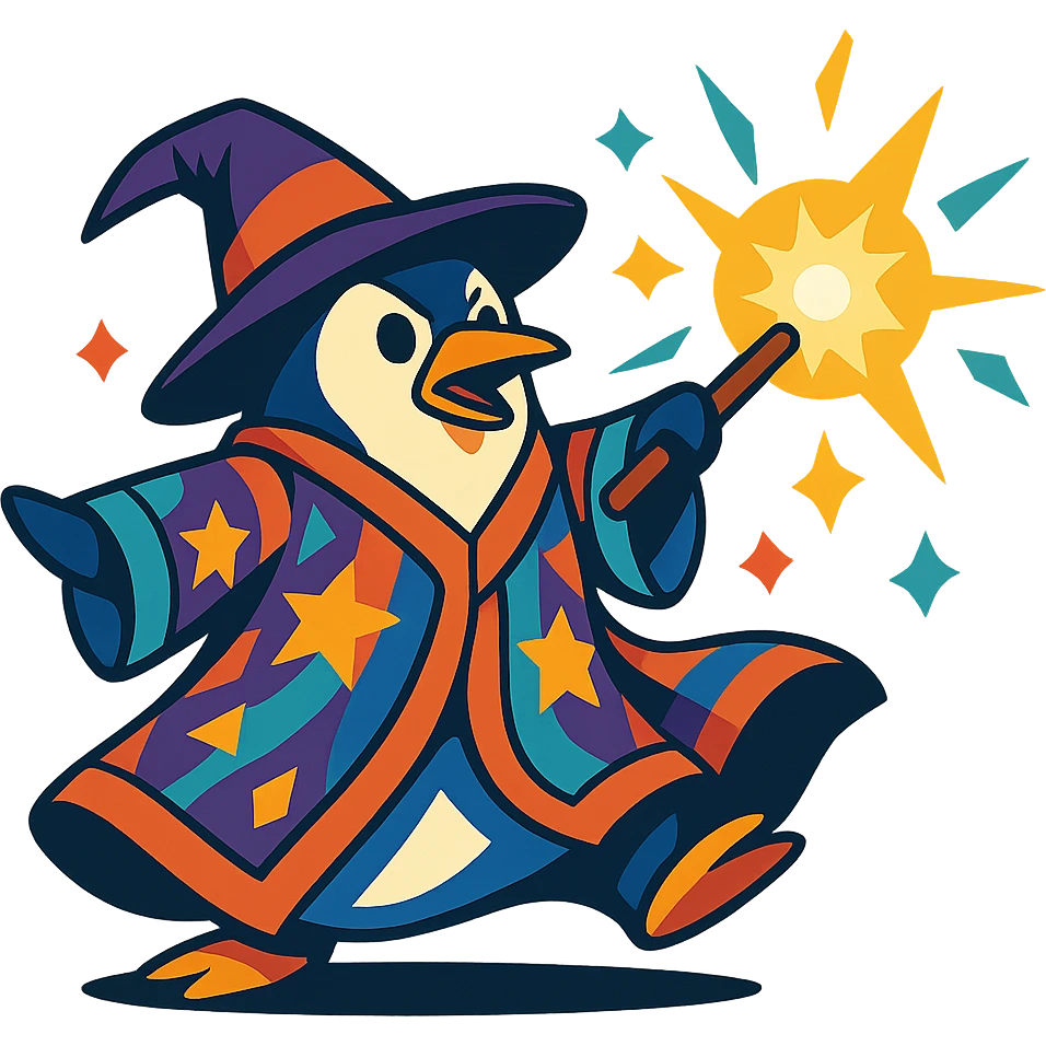 A penguin wizard with a colorful robe and a dynamic pose, casting a bright spell emoji