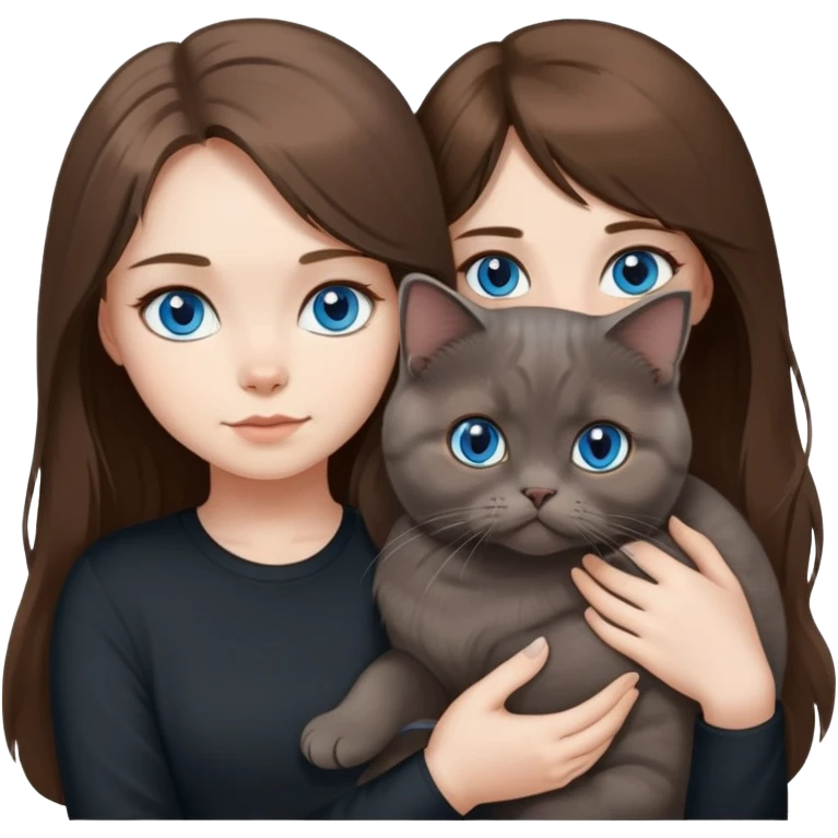 Girl with blue eyes and long brown hair and black shirt, holding a grey Scottish fold cat emoji