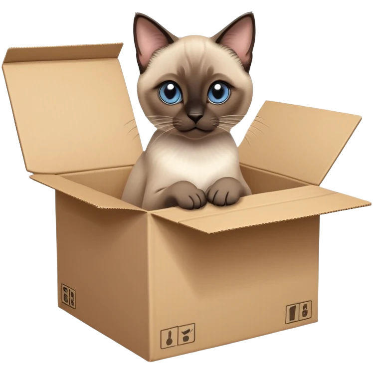  A very cute gery young kitten Siamese Cat cat with one's head tilted to one side poked its paws out of the cardboard big box and placed them on top of it emoji