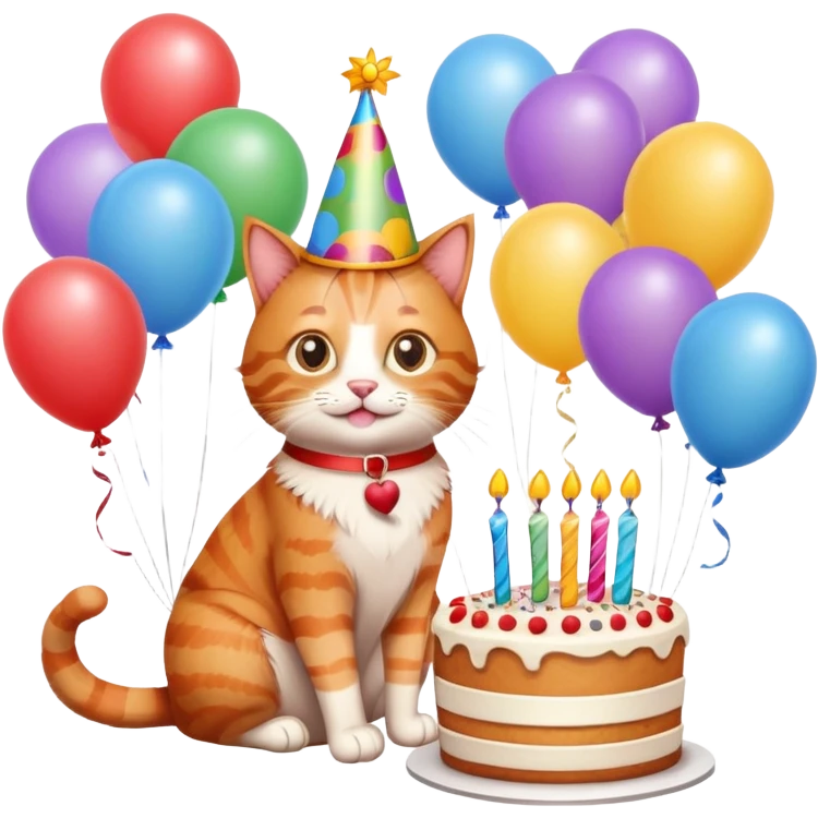 Ginger cat celebrates birthday, birthday hat, birthday cake, balloons, happy, gifts emoji