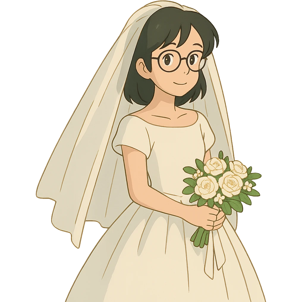 ghibli style girl with black hair in glasses in a wedding dress emoji