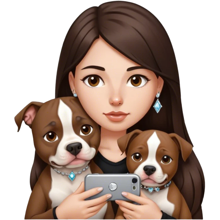 ￼ a young girl with long dark brown hair cascading down her face. It’s with her phone in her hands, sitting next to her pitbull with a small diamond nose ring in her nose. emoji
