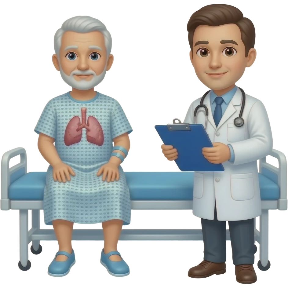 paciente con cáncer de pulmón en consulta hospitalaria con médico emoji