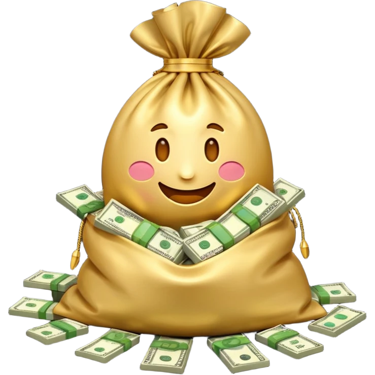 Luxury 3D emoji, overflowing money bag, stacks of cash, premium lighting, rich glossy look, ultra clean, transparent background


 emoji