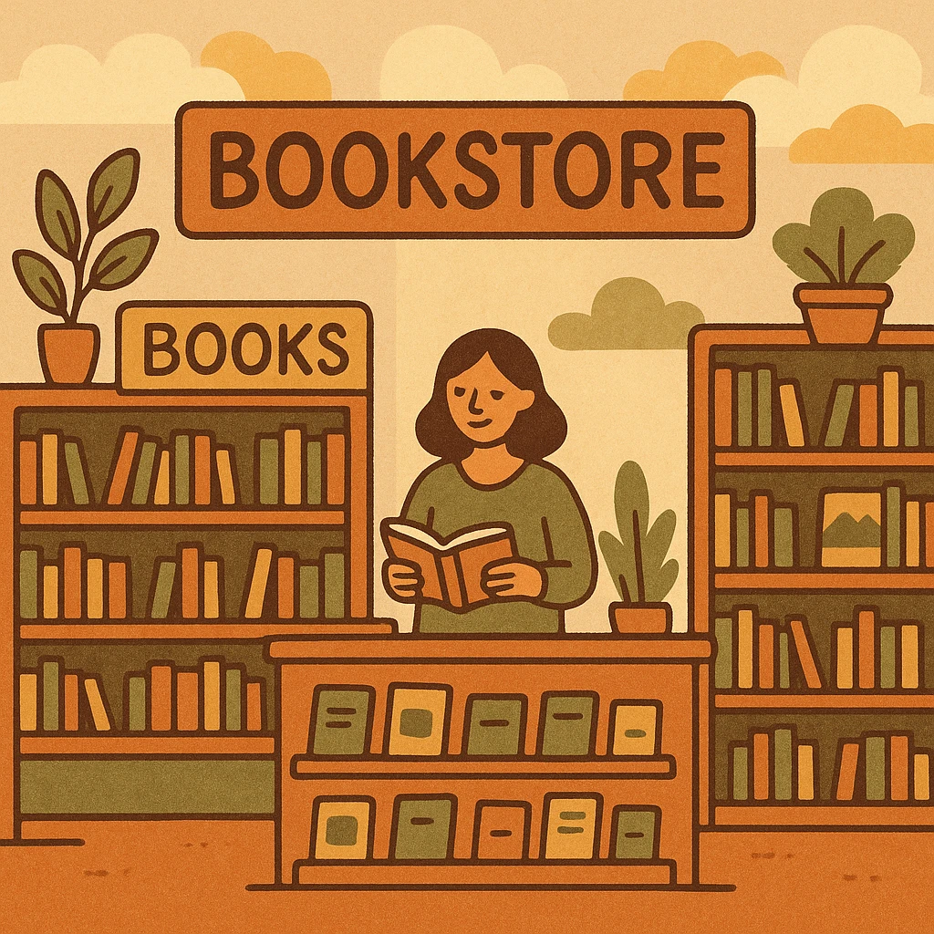 modern bookstore with geometric shapes, bold signage, spacious interior, modern decor, artistic touch emoji