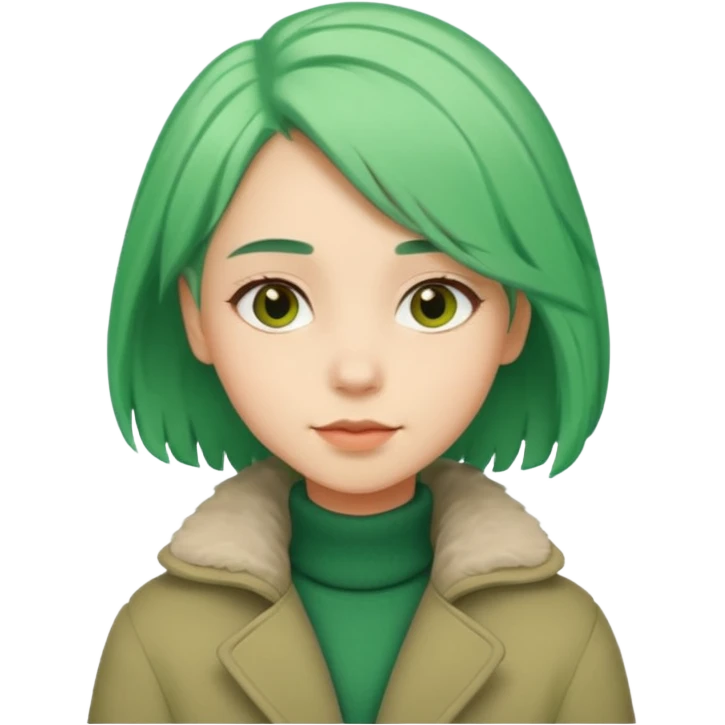 Girl with green hair wearing warm winter coat with a relaxed posture and friendly face emoji
