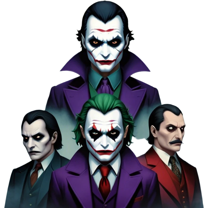 Thriller Movie Icon: A dark, intense collage with close-up images of iconic thriller characters like Joker, Hannibal Lecter, and Vlad Dracula. The background features a moody Gotham City skyline, with shadowy figures and fog. Atmospheric, suspenseful tone. Transparent background. emoji