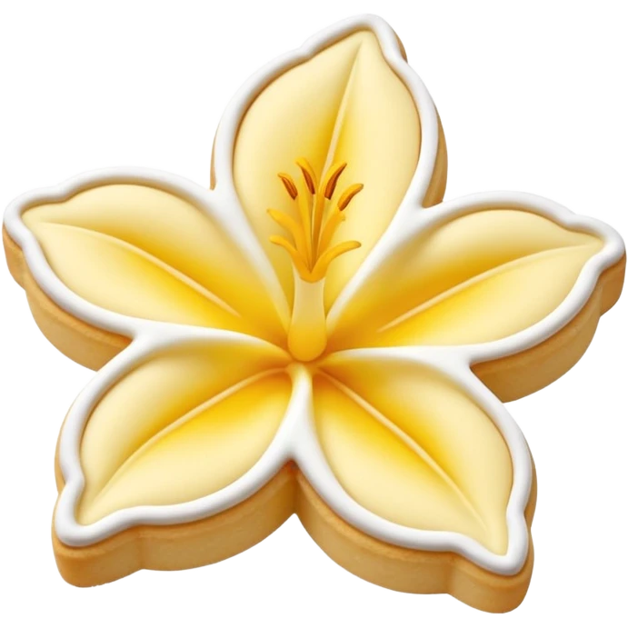 Realistic shortbread cookie in the shape of a lily flower with pastel yellow color jelly middle filling and sprinkled powder sugar on top. emoji