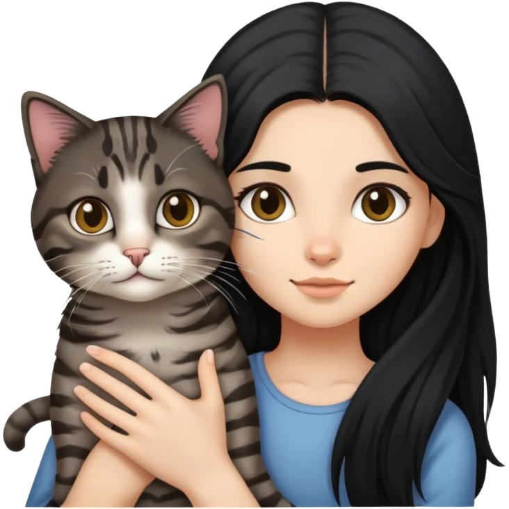 Long black hair girl holding a haired tabby cat emoji