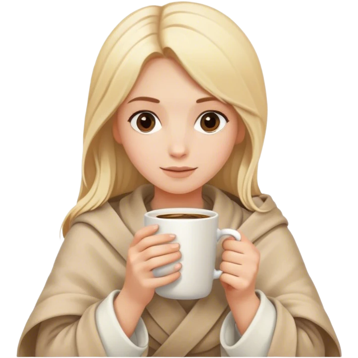 a girl with blond hair wrapped in a beige blanket and holding a white mug of coffee with both hands emoji