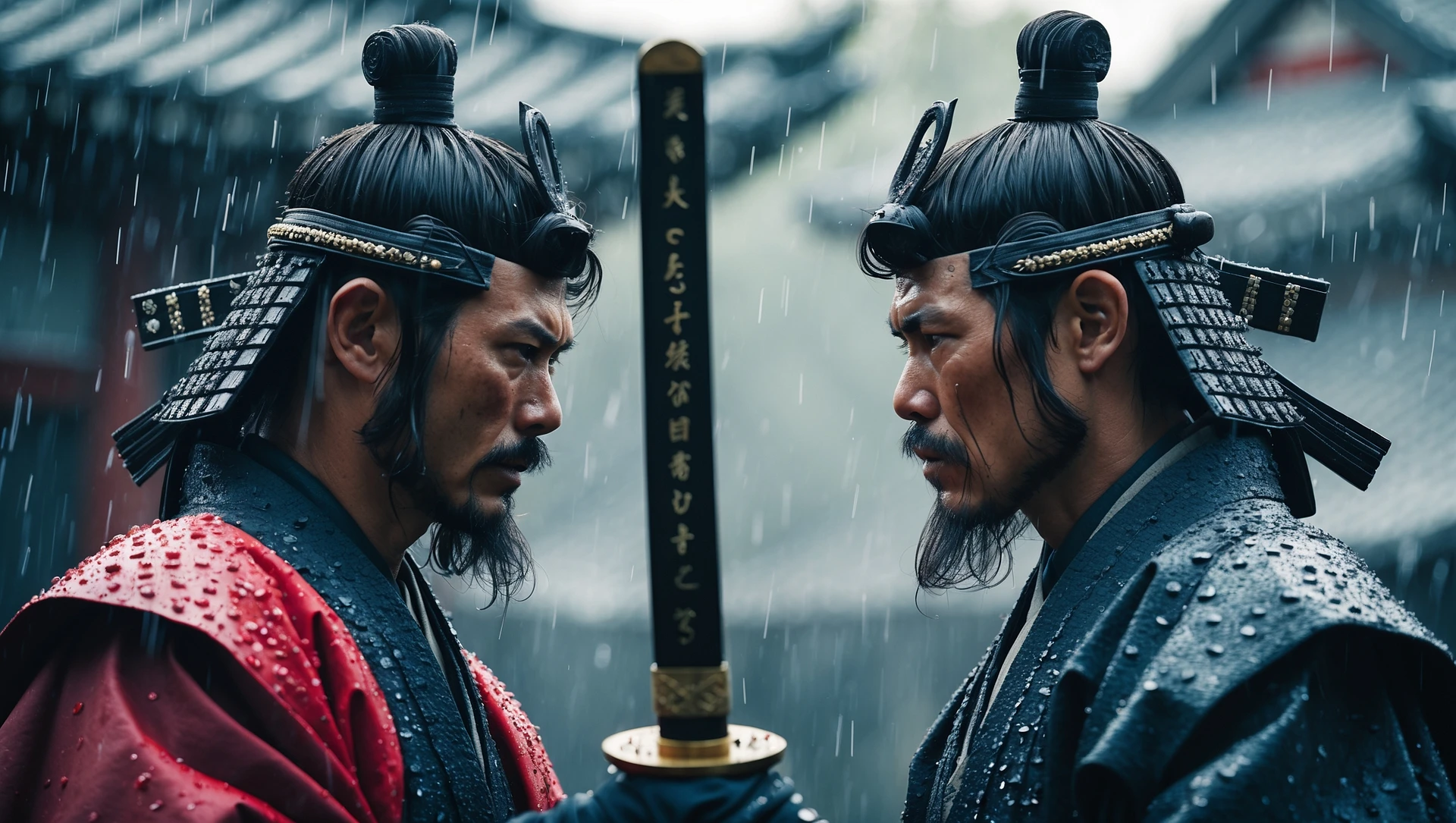 A cinematic scane of a two japan samurai face to face ready to fight during rain, deph composition, tense atmosphere, shot by arri alexa emoji
