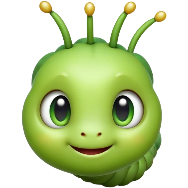 Cinematic Realistic Cute Caterpillar Portrait Emoji, Head tilted playfully and inquisitively, featuring a compact, segmented body in bright, vibrant green with delicate, inviting textures and a charming, rounded face with sparkling eyes full of curiosity, rendered with lifelike detail and natural highlights, high shine, affectionate and spirited, styled with a touch of garden whimsy, soft glowing outline, capturing the essence of a mischievous yet lovable caterpillar that seems poised to crawl cheerfully into your arms! emoji