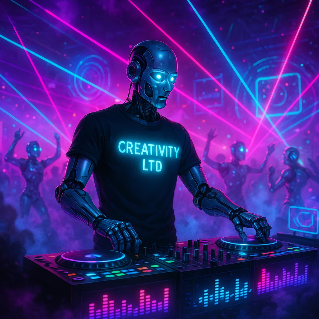 humanoid robot DJ at neon-lit party, wearing black t-shirt with glowing 'CREATIVITY LTD' text, DJ booth with LED waveforms, lasers, smoke, dancing robots and holographic displays in background, energetic futuristic scene emphasizing creativity emoji