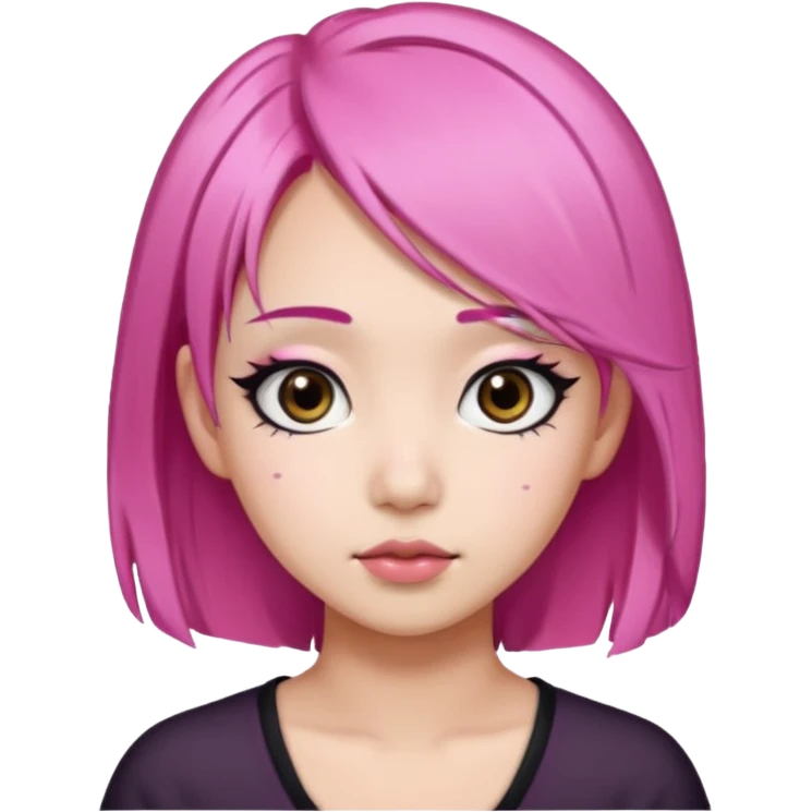 An Asian girl with pink hair, big eyes, thick eyebrows, and long eyelashes;  emoji