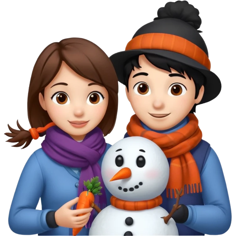 Cartoon girl with brown hair and scarf, building a snowman. Cartoon boy with black hair, placing a carrot nose on the snowman, smiling emoji