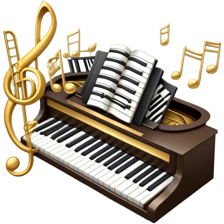 Create a sophisticated and celebratory emoji collage representing keyboard instruments, designed in the style of a coat of arms or crest. The design should feature surrounded by a ribbon of musical notes. The ribbon should intertwine with a second ribbon made of black-and-white piano keys, creating a flowing, symmetrical pattern.  The musical notes should be swirling around the design in a harmonious, festive arrangement. Use gold, silver, and rich wood tones to evoke a sense of luxury and professionalism, with the black-and-white keys of the piano adding contrast. The background should remain transparent emoji
