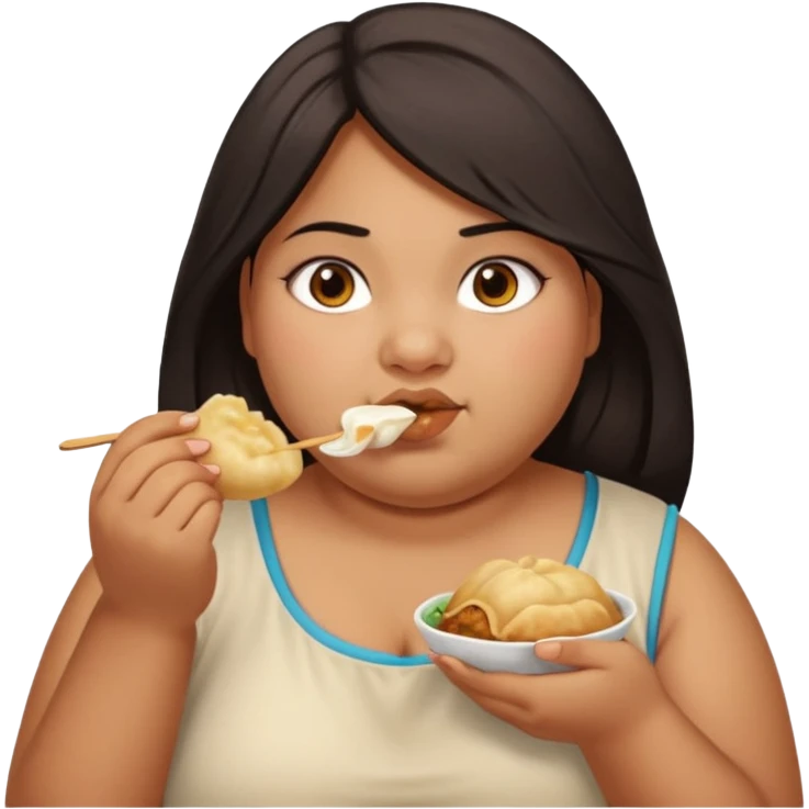 Can you create an emoji of a half Indian - half white 23 year old girl with dark brown mid length hair and brown eyes who is super obese and eating a dumpling. Can the emoji be from head to toe emoji