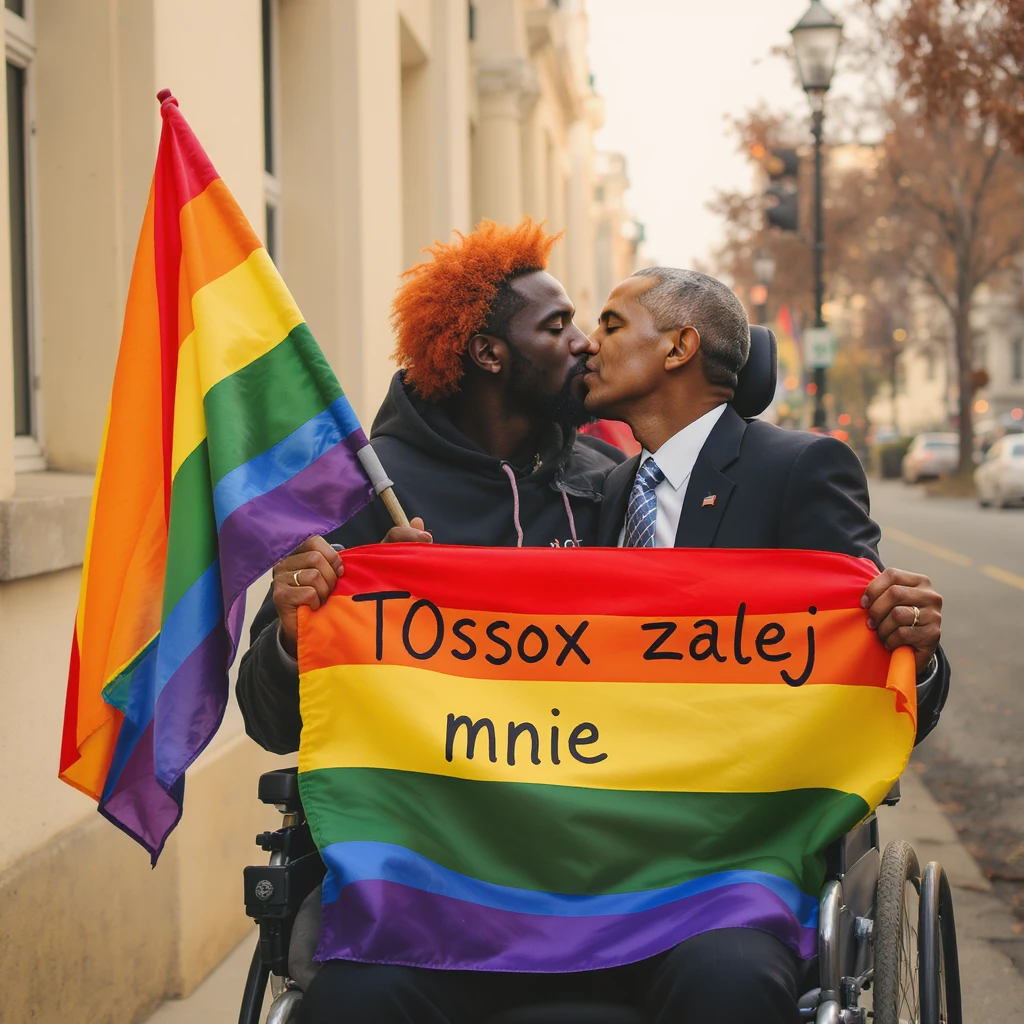 Black man with red hair sitting on wheelchair holding lgbt flag holding text "T0ssox zalej mnie" kissing with barack obama emoji