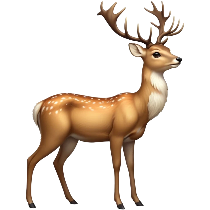cinematic-noble [deer]-realistic-full-body-standing on all fours-emoji,-tail-tucked-close,-head-tilted-dramatically,-sleek-[fawn]-fur,-simplified-yet-realistic-focused-features,-highly-detailed,-glowing-with-an-almost-sarcastic-glow big antlers emoji