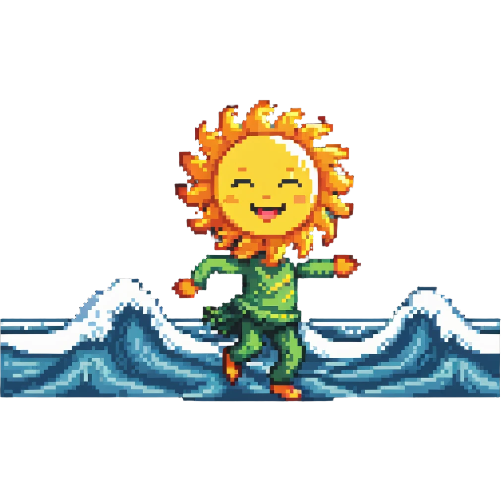 Dancing character on beach with sun highlighting them, ocean waves, cheerful tripa tropa mood emoji