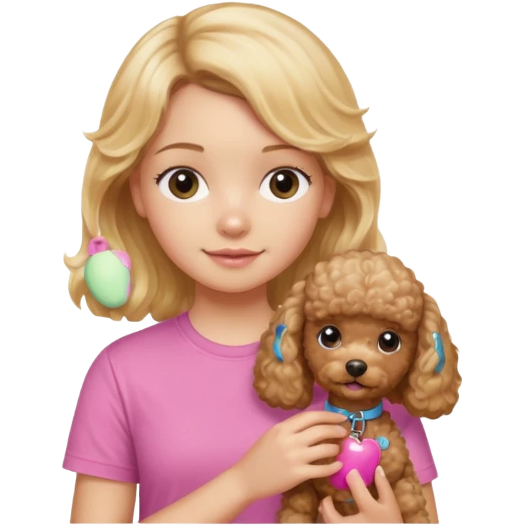 hazme un emoji que sea una niña rubi con el pelo ondulado i una camiseta rosa que ponga brownie, i acariciando a un perro (caniche toy) si pero con el pelo mas largo i no tan rubia emoji