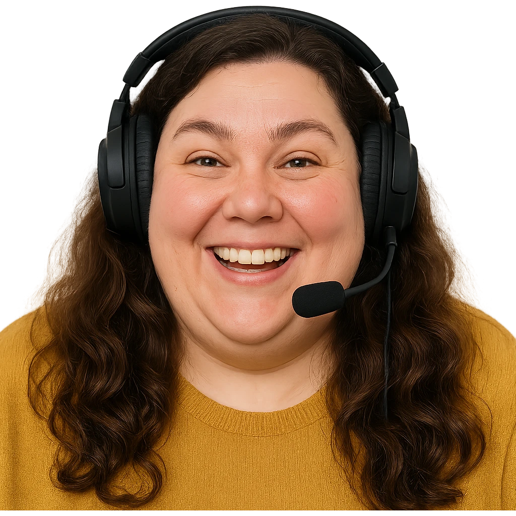 chubby English teacher with wavy long brown hair, happy face, gamer vibe, for online classes, only face emoji