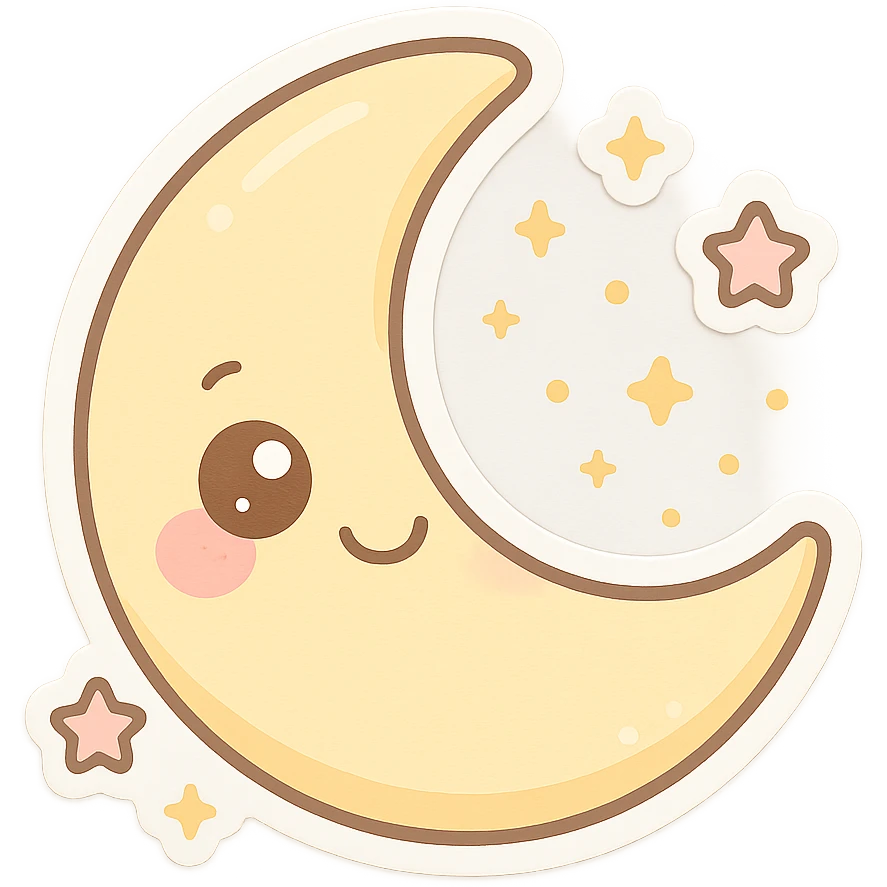 smiling crescent moon, pastel palette, big eyes, blushing cheeks, chibi style, surrounded by tiny stars emoji