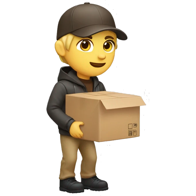 Blonde delivery man, full body, light skin tone, wearing dark brown cap and jacket, UPS delivery company loading a package without background emoji