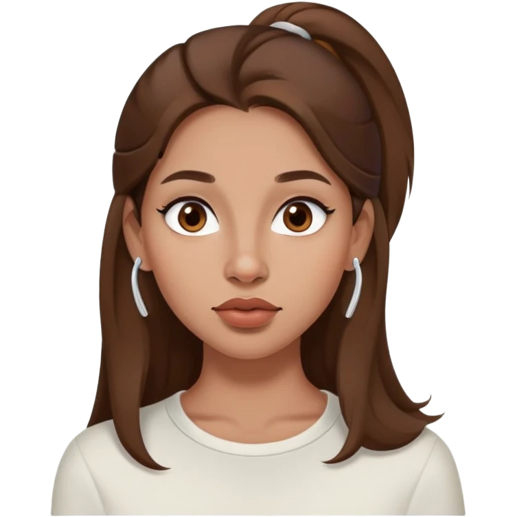 persona femmina, capelli castani lunghi, occhi marroni, labbra grandi, naso piccolo, viso un po’ rotondo, neo sopra al labbro parte sinistra, air pods, piercing al naso parte destra emoji