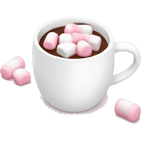White mug with a pink bow handle filled with hot chocolate and baby pink and white marshmallows emoji