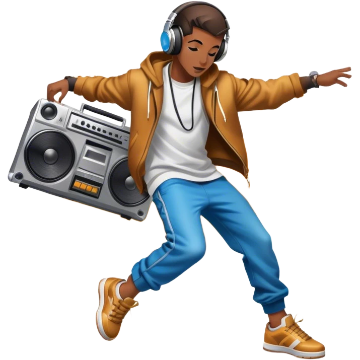 Icon for Street Dance: a dancer in urban streetwear performing a dynamic breakdance move, with a spray-painted background,  boombox  and headphones. The icon should represent the energy, style, and creativity of street dance culture. Transparent background. emoji