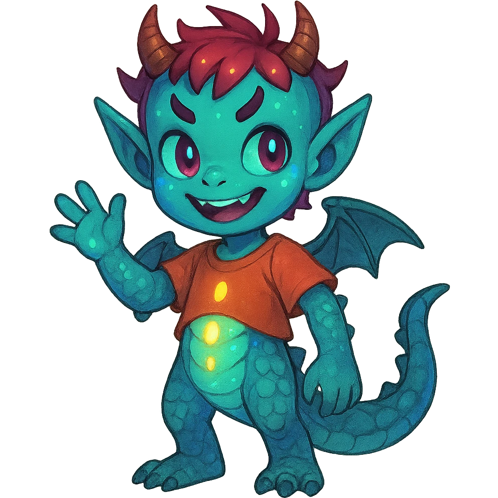 playful youthful child character blending 60% dragon features (scales, small wings, tail), 20% demon traits (horns, mischievous eyes), and 20% alien elements (unusual skin color, glowing accents) emoji