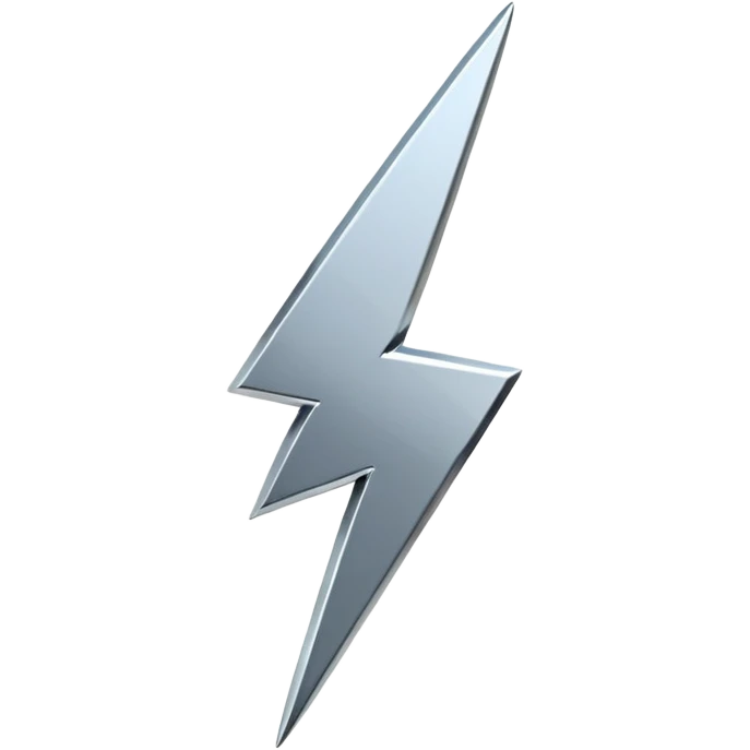 A lightning bolt emoji made of polished silver chrome, sharp yet rounded edges, glossy metallic surface, soft reflections, minimal futuristic design, iOS emoji style, centered, clean white background emoji