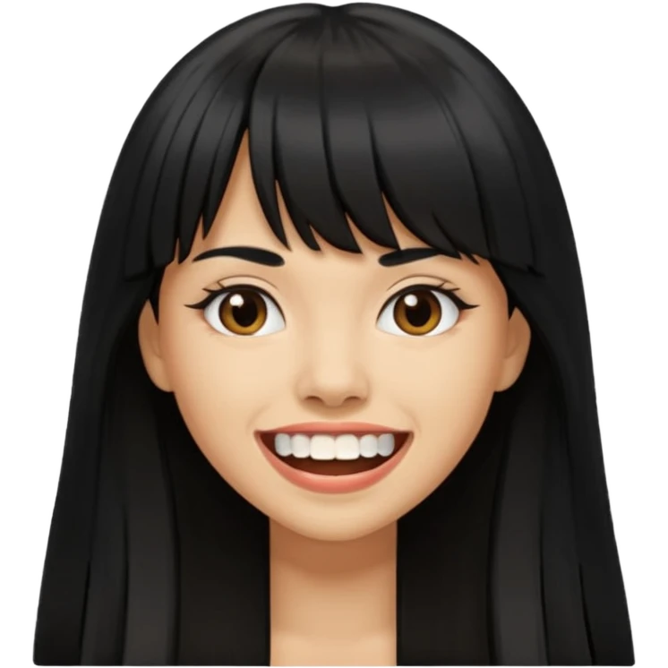 Woman a little tan with long black hairs and bangs, appearing teeth emoji