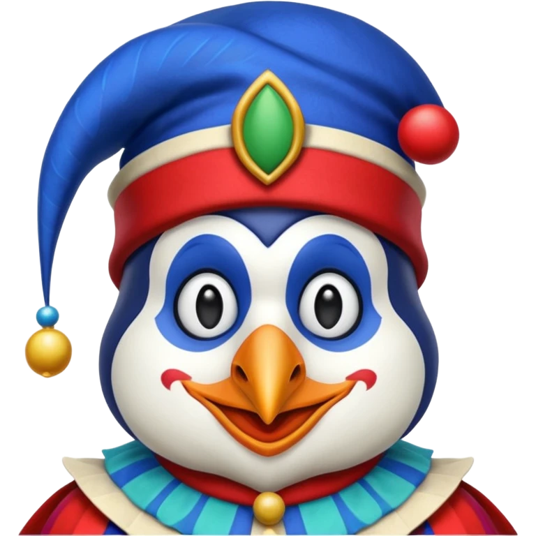 crazy colorful penguin jolly joker, medieval, vintage, court jester, mac os icon, blue color emoji