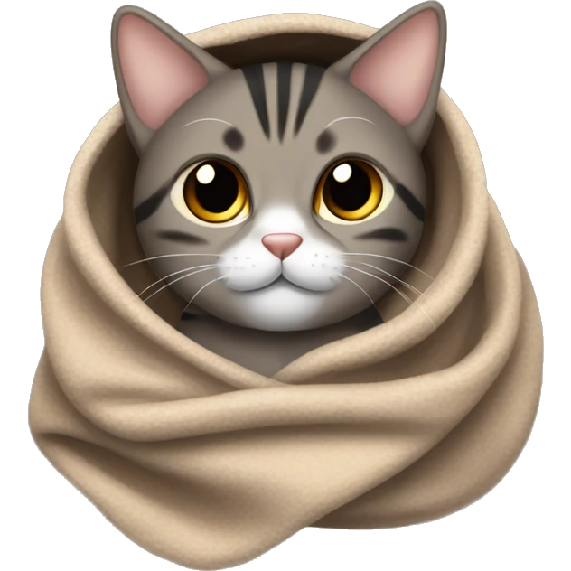 brown, gray and black tabby cat wrapped up in a blanket looking very cute  emoji