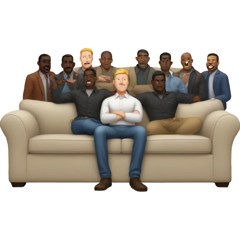 one white guy surrounded by 6 black guys on a couch emoji