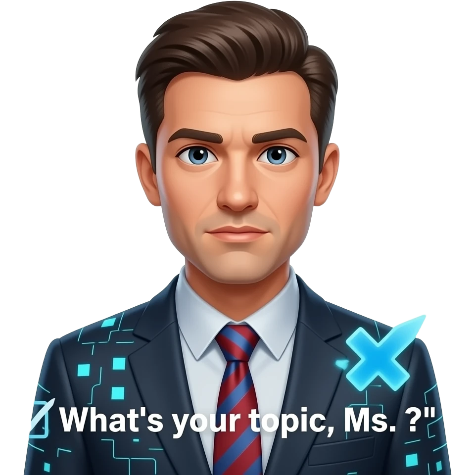 A informal man, glowing digital, communication, chat symbols, a floating Facebook logo on the shoulder, looking at viewer with serious. Text on below: 'What's your topic, Ms. ?'. Shimmering cross and check icon, sharp edges emoji
