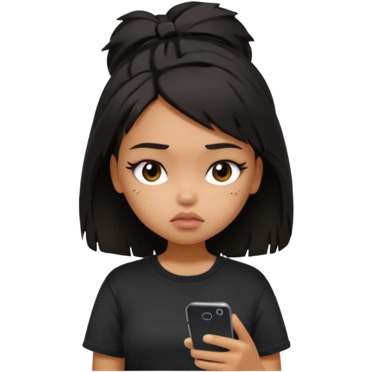 generate a pretty bratz girl with short black very messy dirty hair, looking tired and using her phone, wearing an oversized black tshirt emoji